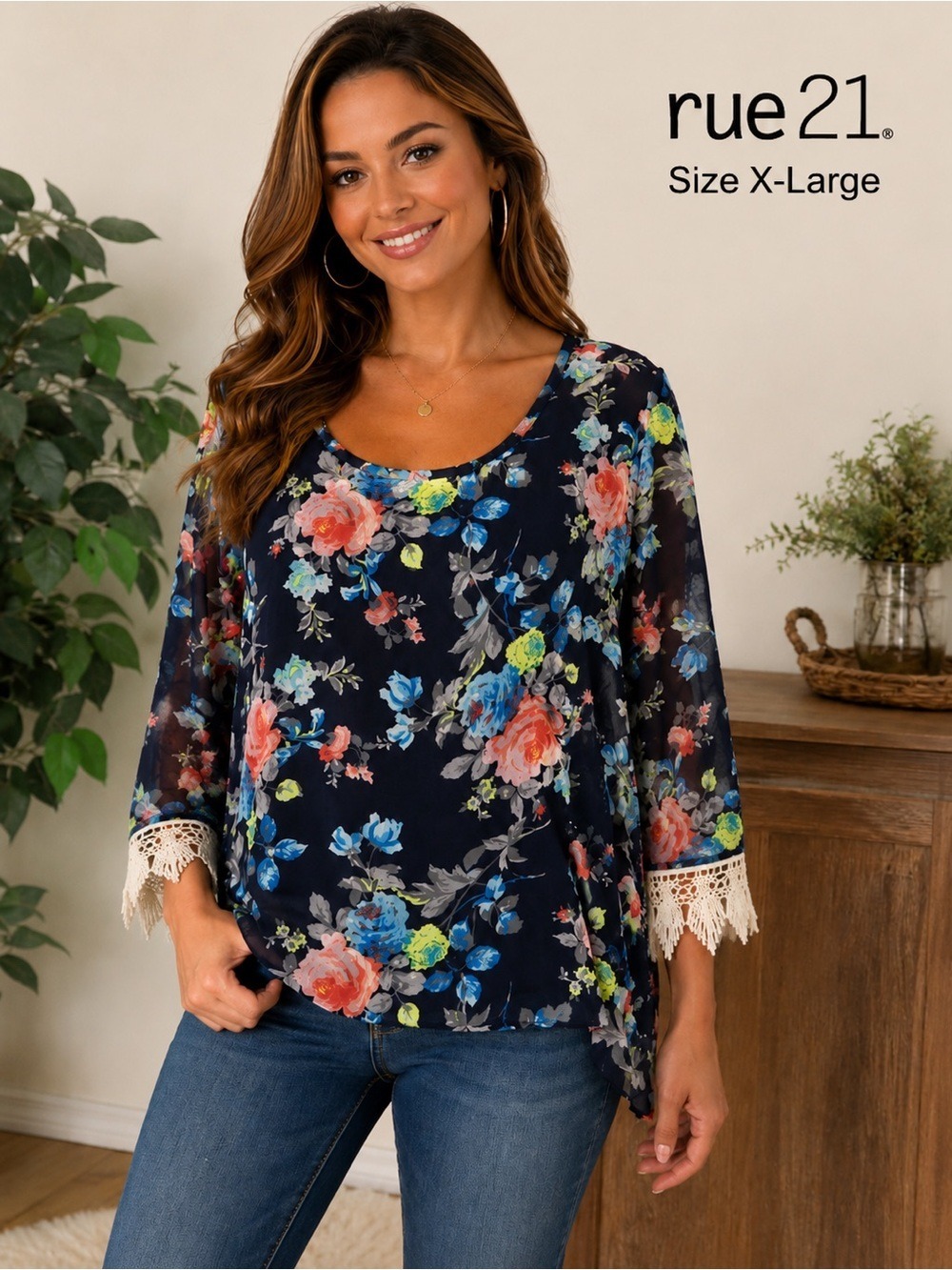 Rue21 Floral Sheer Boho Fringe Crochet style Sleeve Top – XL